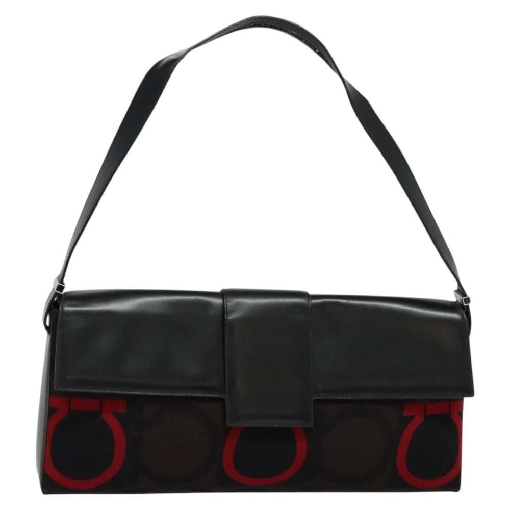 Salvatore Ferragamo Canvas Leather Gancini Shoulder Bag Black